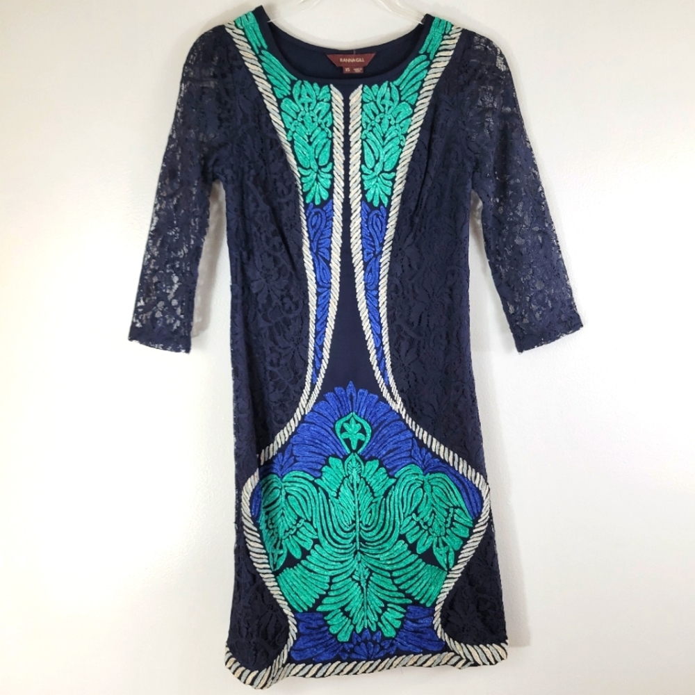 Anthropologie RANNA GILL boho navy embroidered lace 3/4 sleeve shift dress